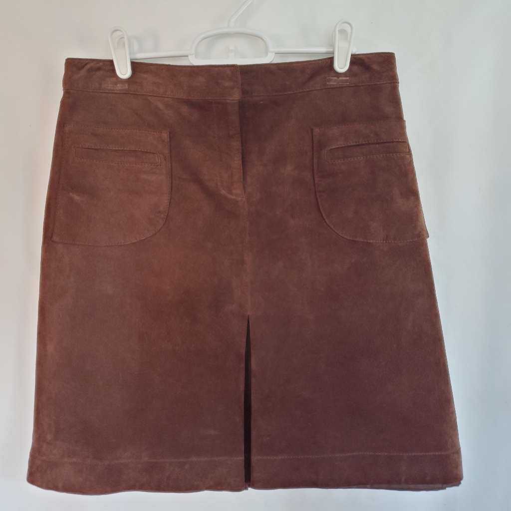 Lilly Pulitzer Brown Suede Lined Skirt Front Pockets Front Back Kick Size 8